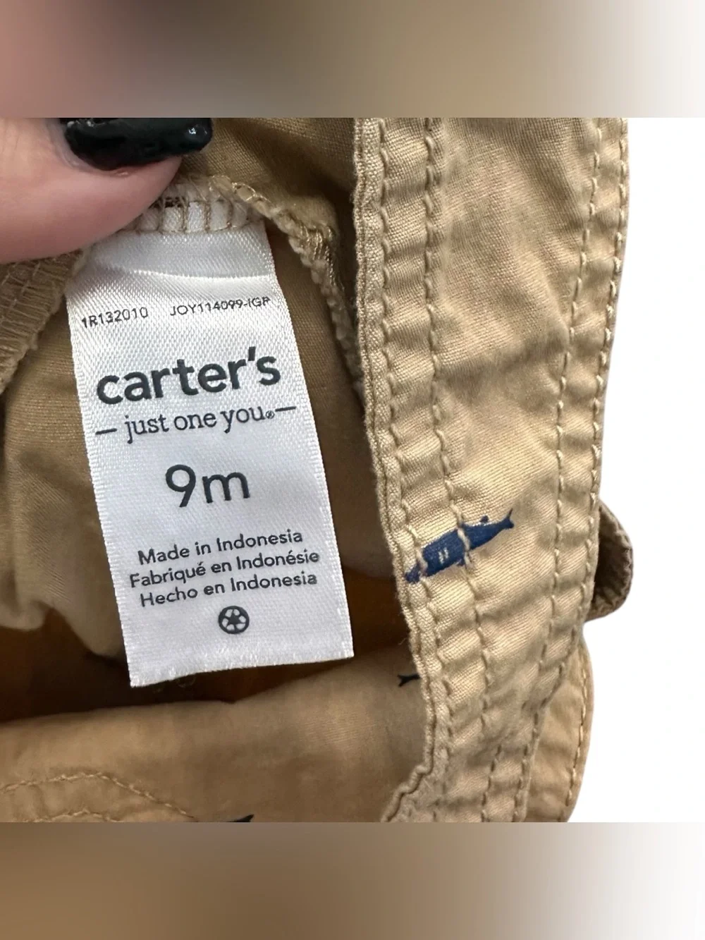 Carter’s Baby Boys 9M Khaki Shortalls Navy Fish Print Cotton Overall Romper